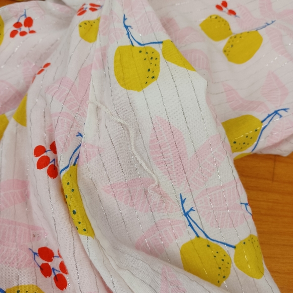 Pink Chicken Lemon Print Halsey Mini Dress Size S Women Tie Waist Metallic - Picture 11 of 13